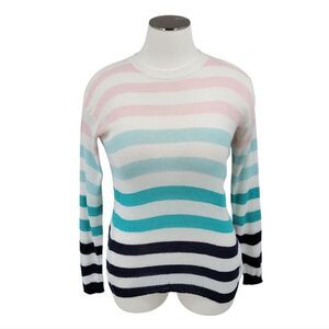 Macaron White Pink Blue Ombre Lightweight Fine Knit Crewneck Sweater Beachy